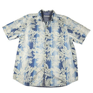 Tommy Bahama Silk Blend Camp Shirt L Bluewater Stripe Canal Floral Casual Cotton
